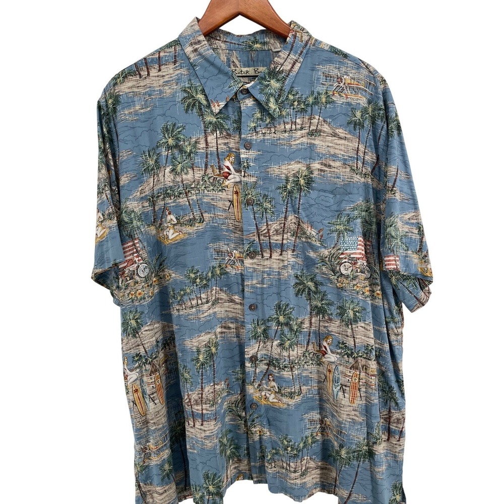 Batik Bay Hawaiian Shirt Mens 2X‎ Blue Tropical Pin-Up Girl  USA Flag Motorcycle